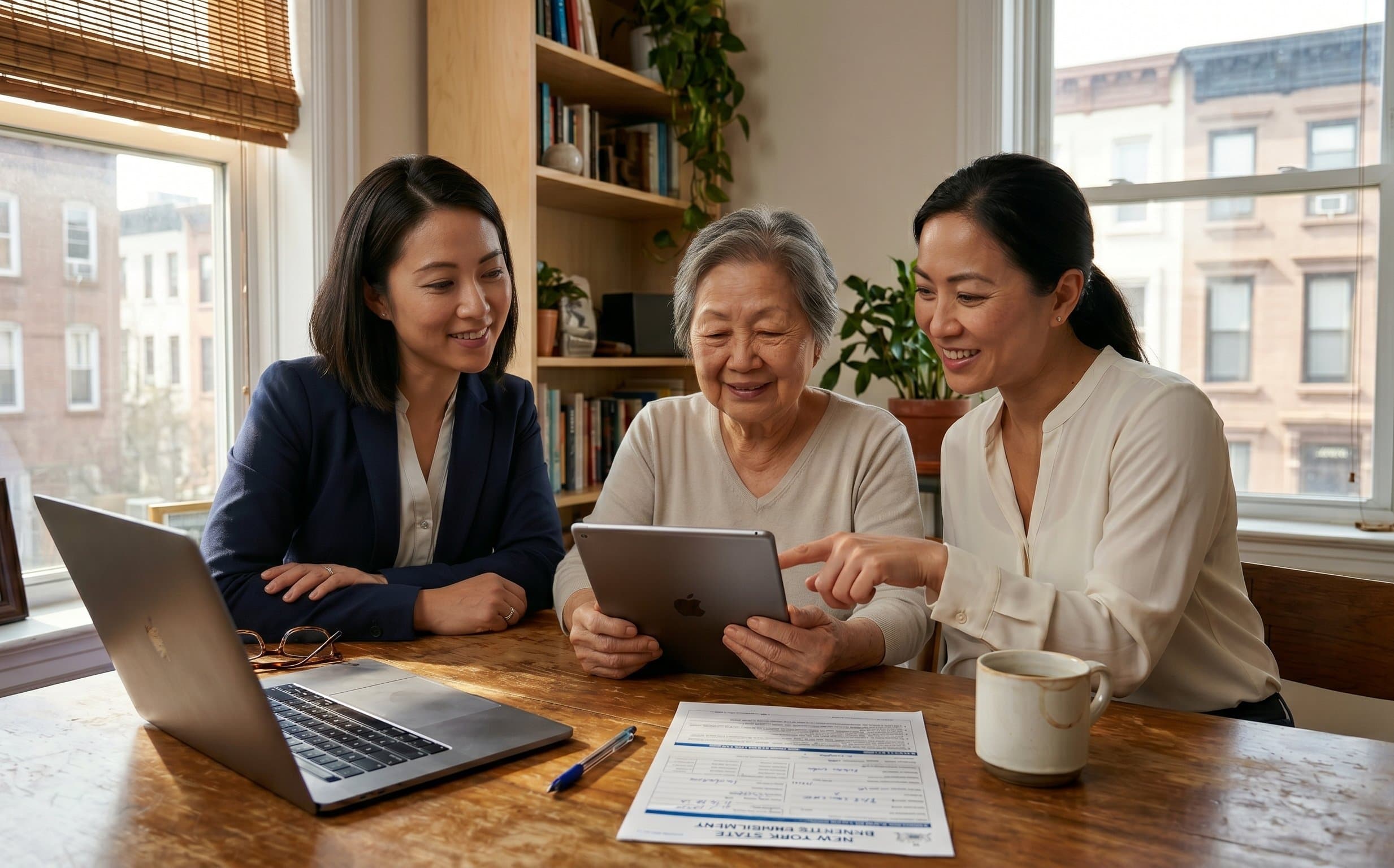 Three women in a warm Brooklyn apartment dining room during a Family Buddies care consultation