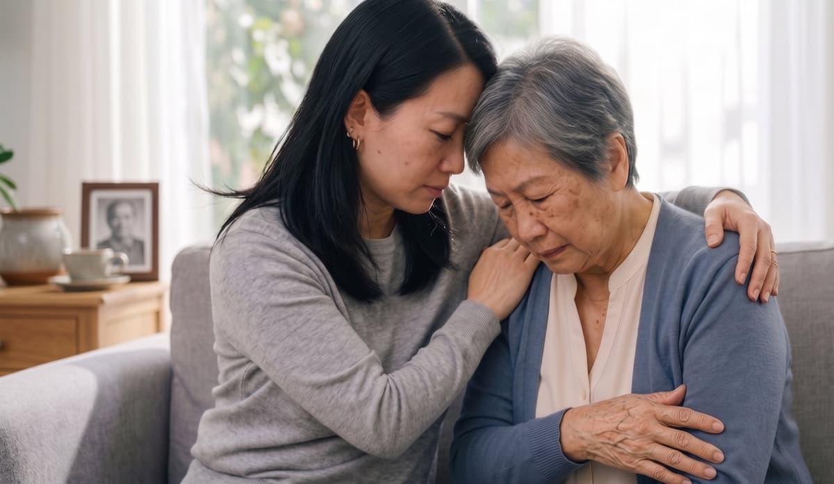 A daughter holding her elderly mother in a quiet moment of care