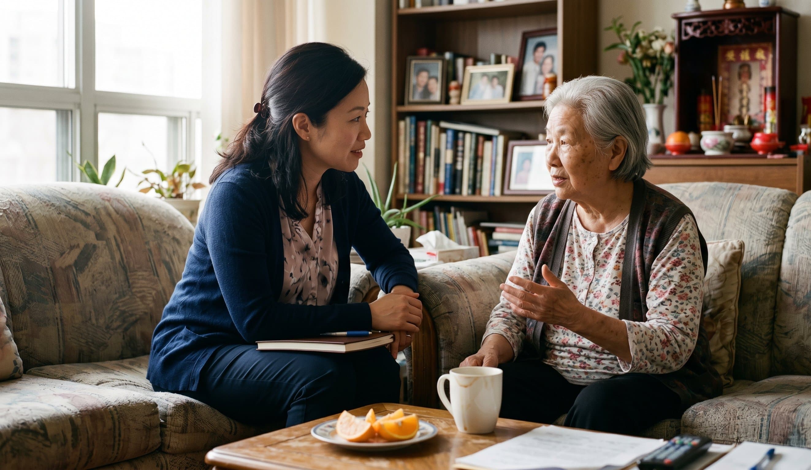 A Family Buddies coordinator sharing tea with an elderly client during a home visit